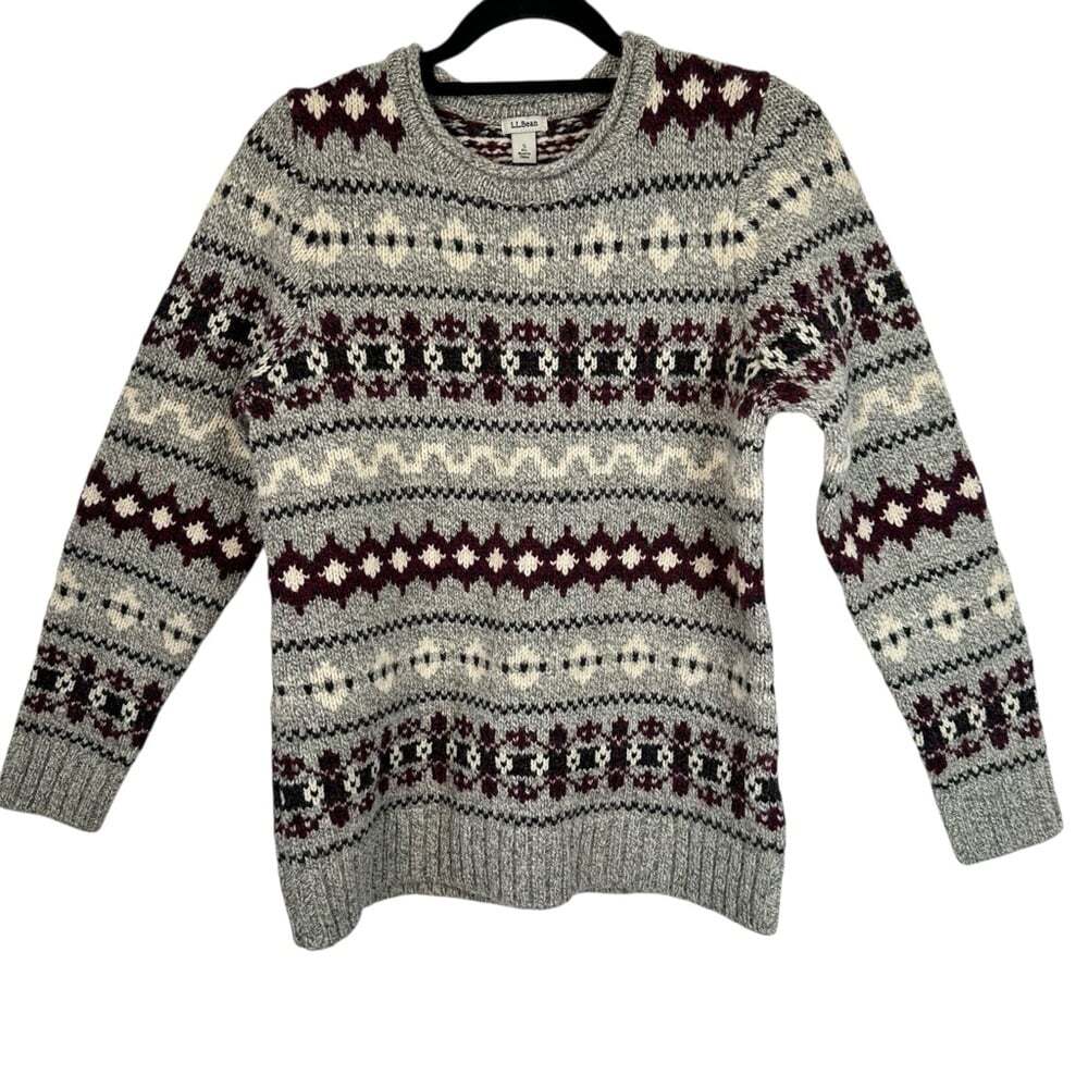L.L.Bean Classic Ragg Gray Burgundy Lambswool Sweater Nordic Cozy Women S NWT